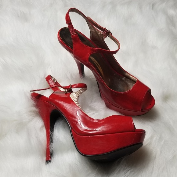 Qupid Red Heels Peep Toe Strappy - Picture 2 of 7